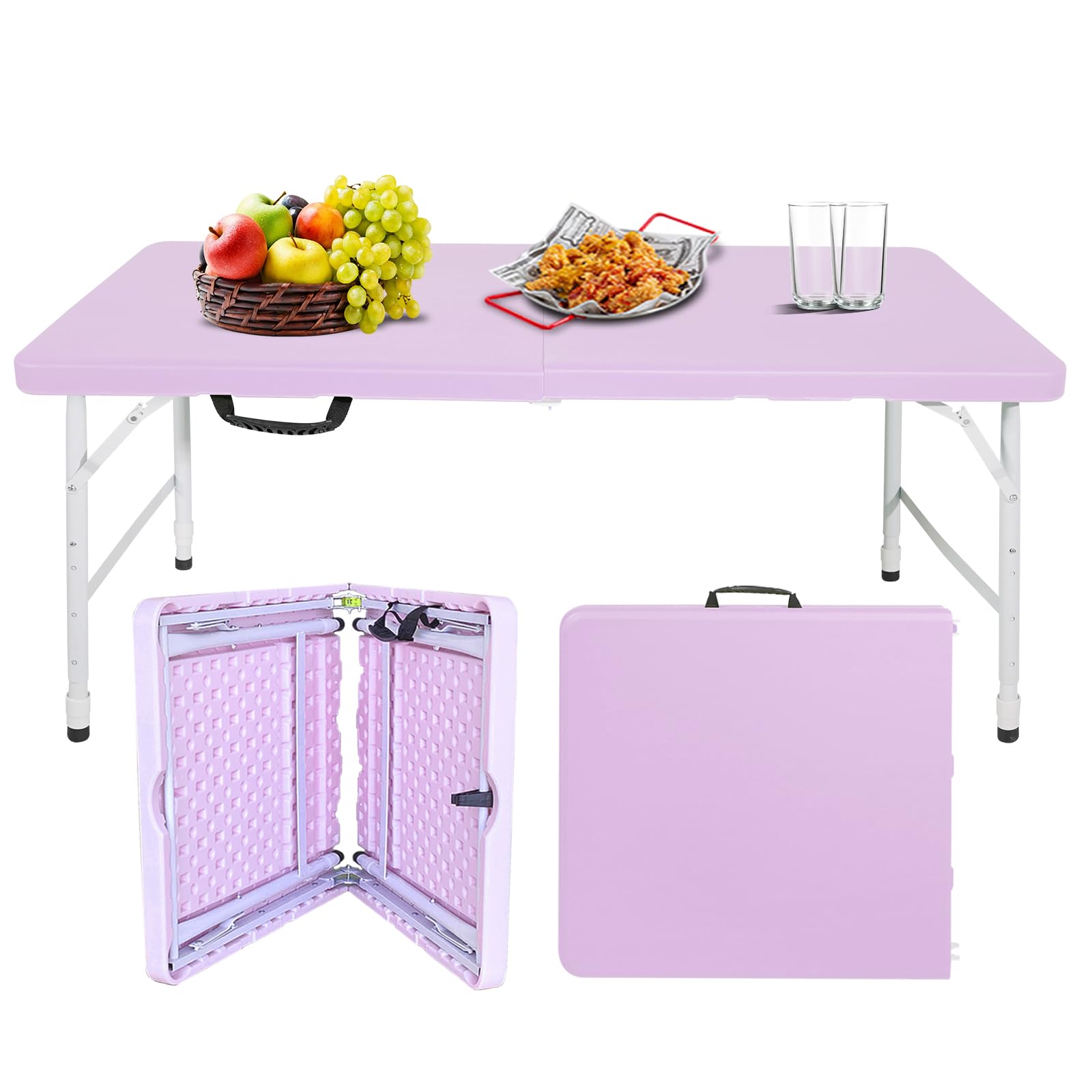 ICSPOID Portable Plastic Folding Table 4ft/6ft/8ft Heavy Duty White Black Picnic Dining Table Fold-in-Half for Camp Party Kitchen Indoor Outdoor