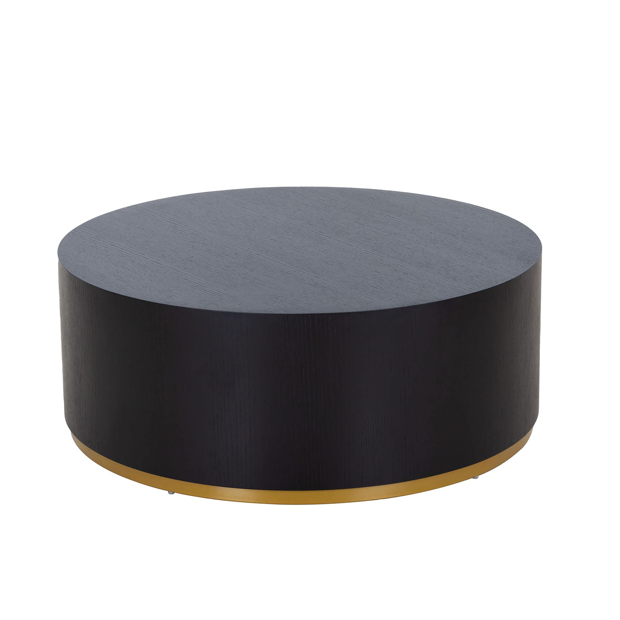 SSLine Classic Drum-Shape Contemporary Round Coffee End Table Black Wood Small Coffee Side Table with Gold Bottom Edge