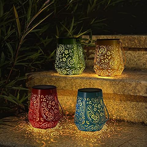 Solar Lantern, OxyLED 4 Pack Solar Lanterns for The Garden Colorful Hanging Metal Garden Lanterns IP44 Waterproof Moroccan Lamp Outdoor for Patio Fence Tree Room Outside Cover