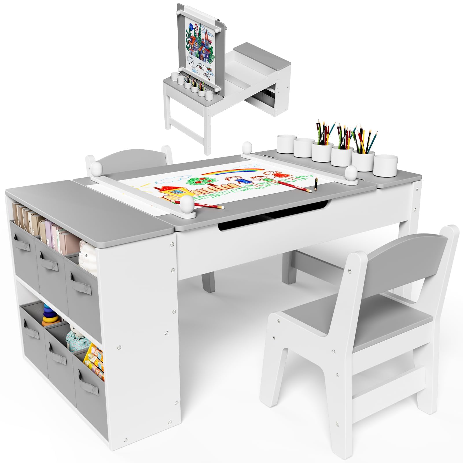 Clevich Kids Table and Chair Sets, Wooden Children Painting Table with 2 Chairs, 6 Storage Boxes, Paper Roll, Toddler DrawingTable and Chairs Set for Crafting, Writing and Learning