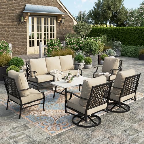 HERAS HOUSE 6 Piece Patio Furniture Set 2 x Swivel Chair 2 x Fixed Chair 1 x 3 Seat Sofa with Marbling Coffee Table All Cushioned Outdoor Conversation Set for Lawn Garden Backyard