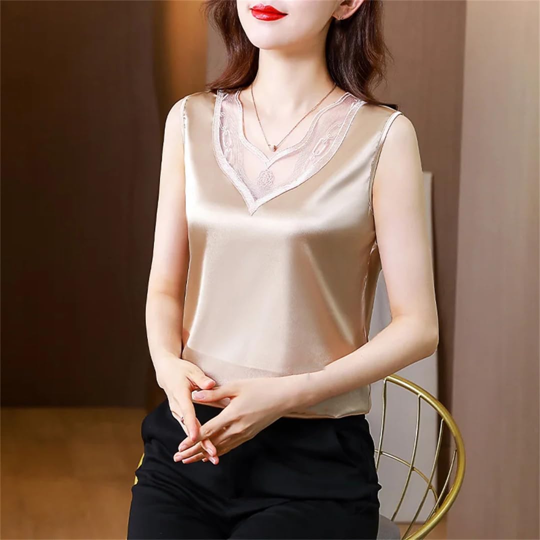 Camicette da donna in seta con pizzo floreale senza maniche allentate top casual