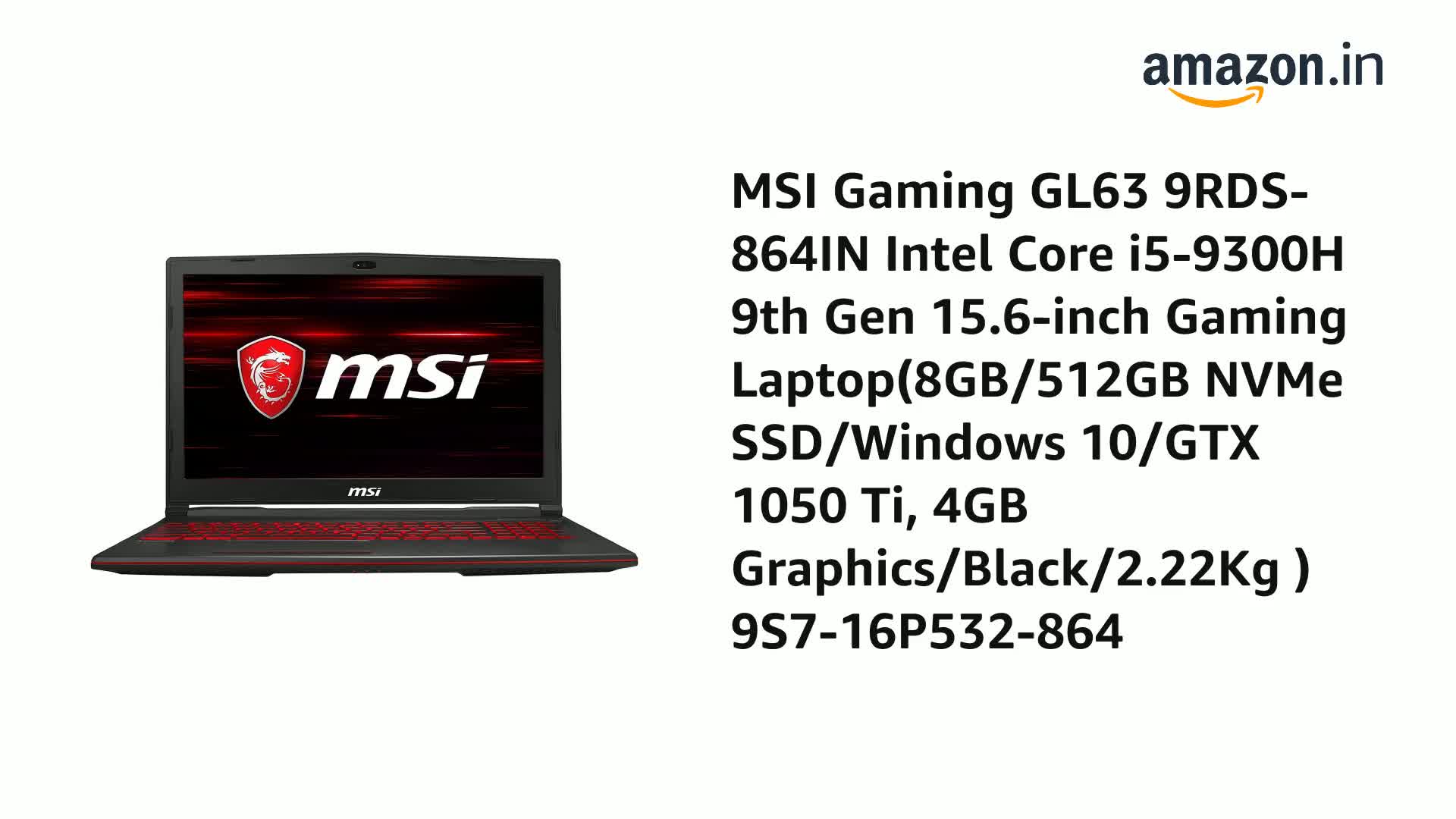 PC Portable Gamer MSI GL63 8RC - I5 8e Gen, GTX 1050, 16Go RAM, SSD 512Go, Win11