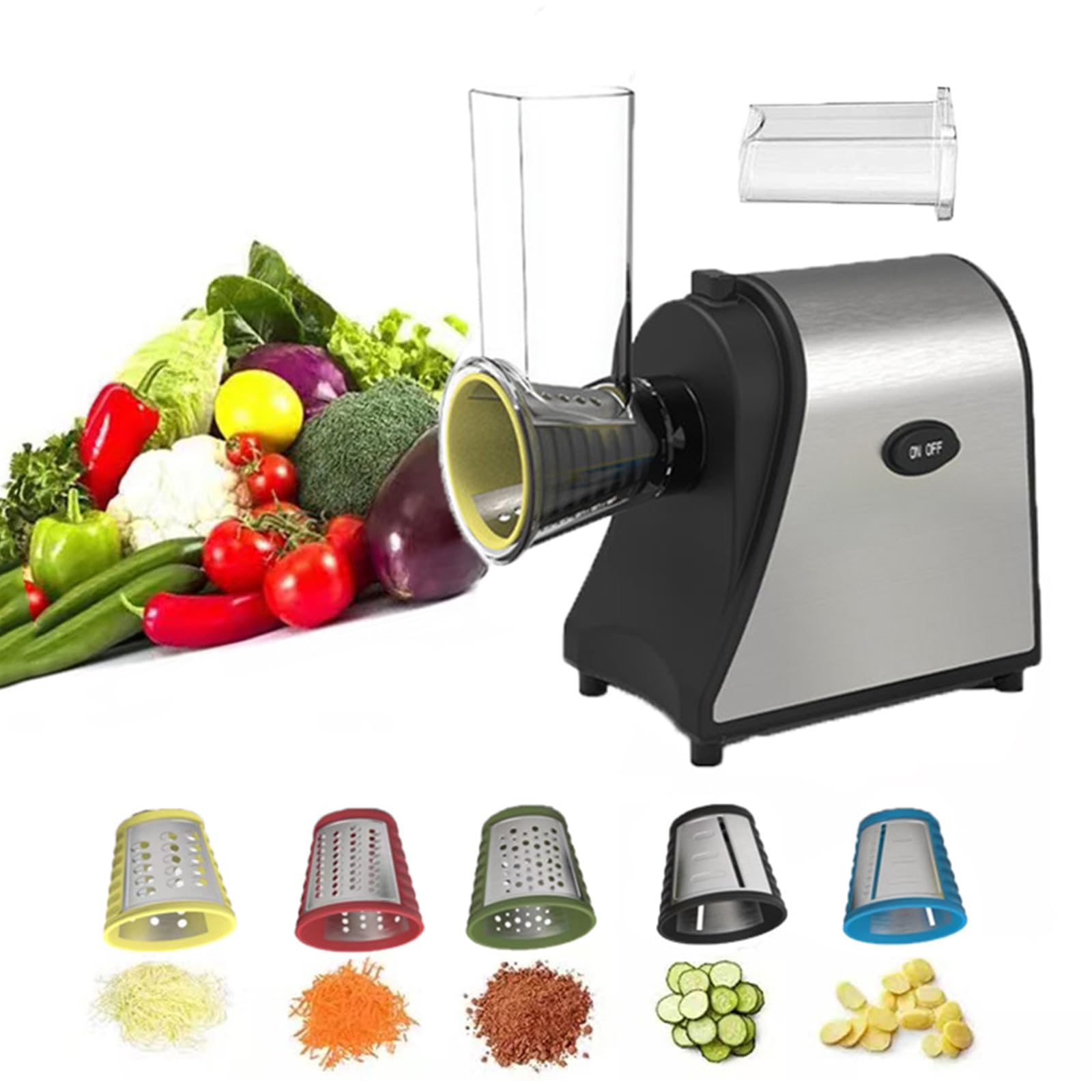 Vegetables Slicer, 1000W Electric Cheese Grater, detachable attachments and easy to clean, One-Touch Control with 5 Sets Stainless Steel of Blades for Veggies, Shredded Carrot, Zucchini