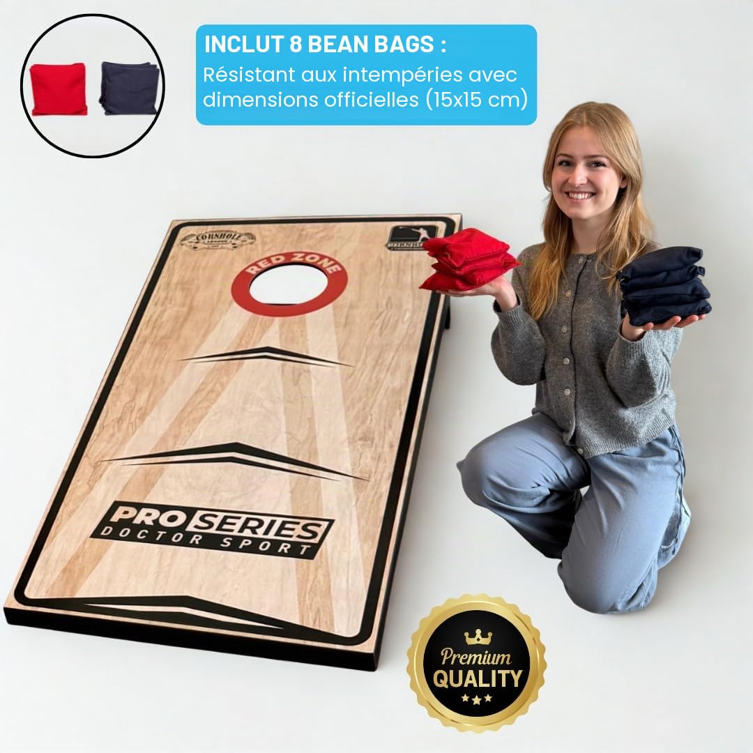 Cornhole Professional - 1 planche - 120 x 60 cm - Sacs officiels de 15 x 15 cm - Dans un sac de transport - Red Zone Original - Cornhole League 1883