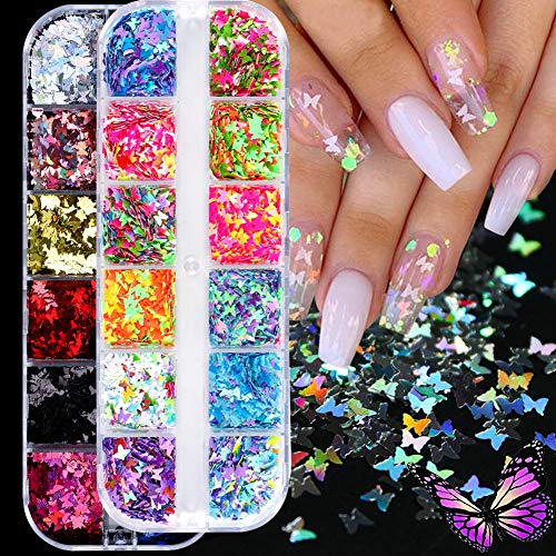 24 Colors/Pack 3D Holographic Butterfly Nail Art Glitter Sequins Laser Sparkly Confetti Paillette Nail Art Supplies Sparkle Flakes Decor Kits Manicure Tips for Women Girl Kids DIY Crafts for Nail Arts