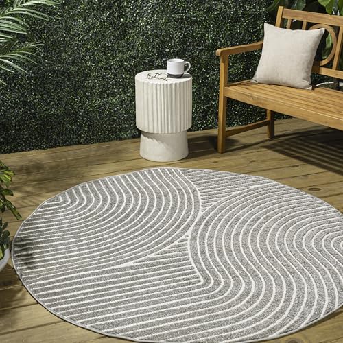 JONATHAN Y SCN100A-5R Hallie High-Low Minimalist Curve Geometric Gray/Ivory 5' Round Indoor/Outdoor Area Rug, Pet Friendly, Non-Shedding, Stain Resistant, Easy-Cleaning for Backyard, Patio, Porch