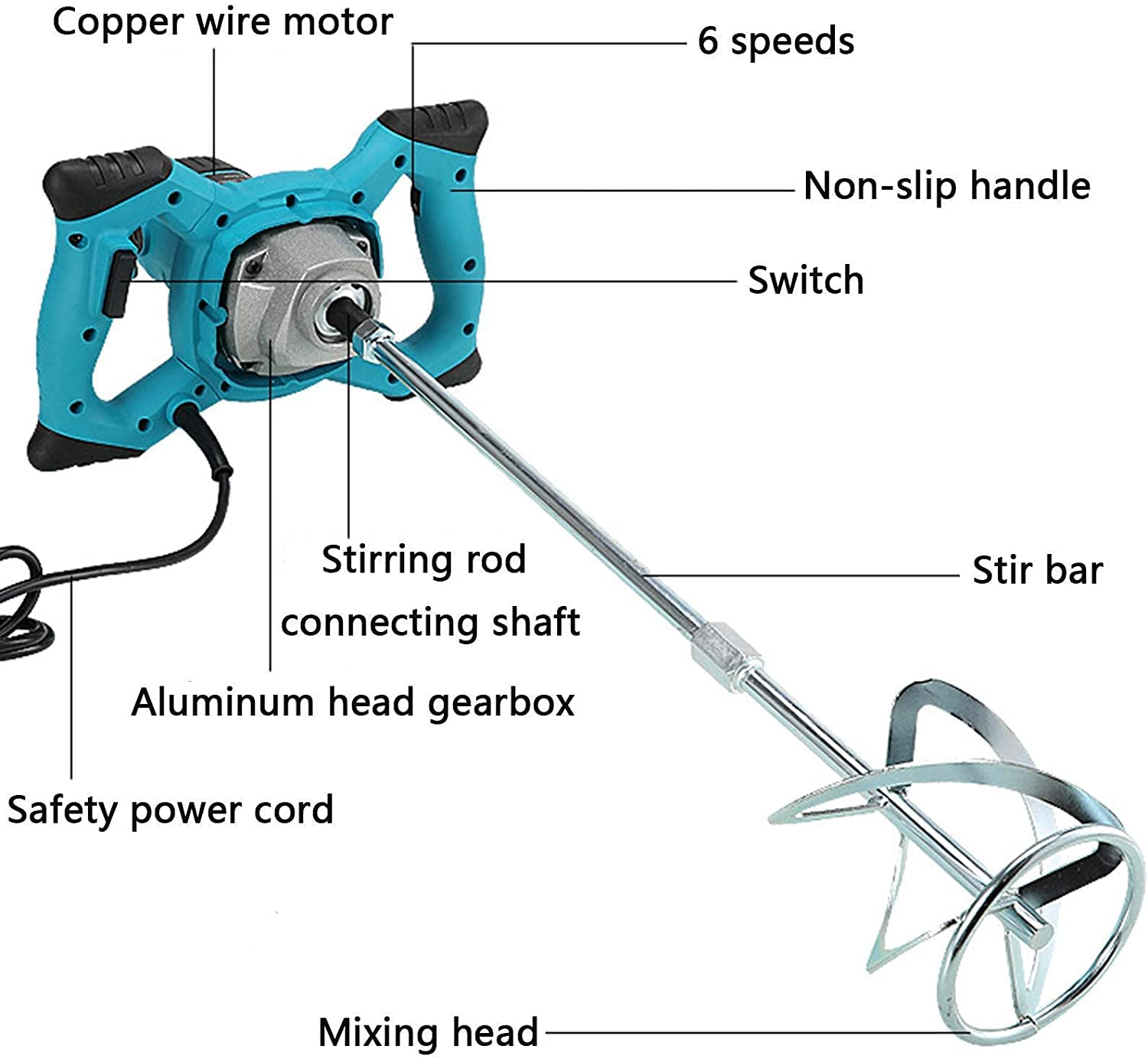 Miscelatore per Cemento colla e Malta 2000W Elettrico trapano Mescolatore Agitatore per Malta con 6 velocità Regolabili attacco M14 impugnatura ergonomica e sistema antivibrante