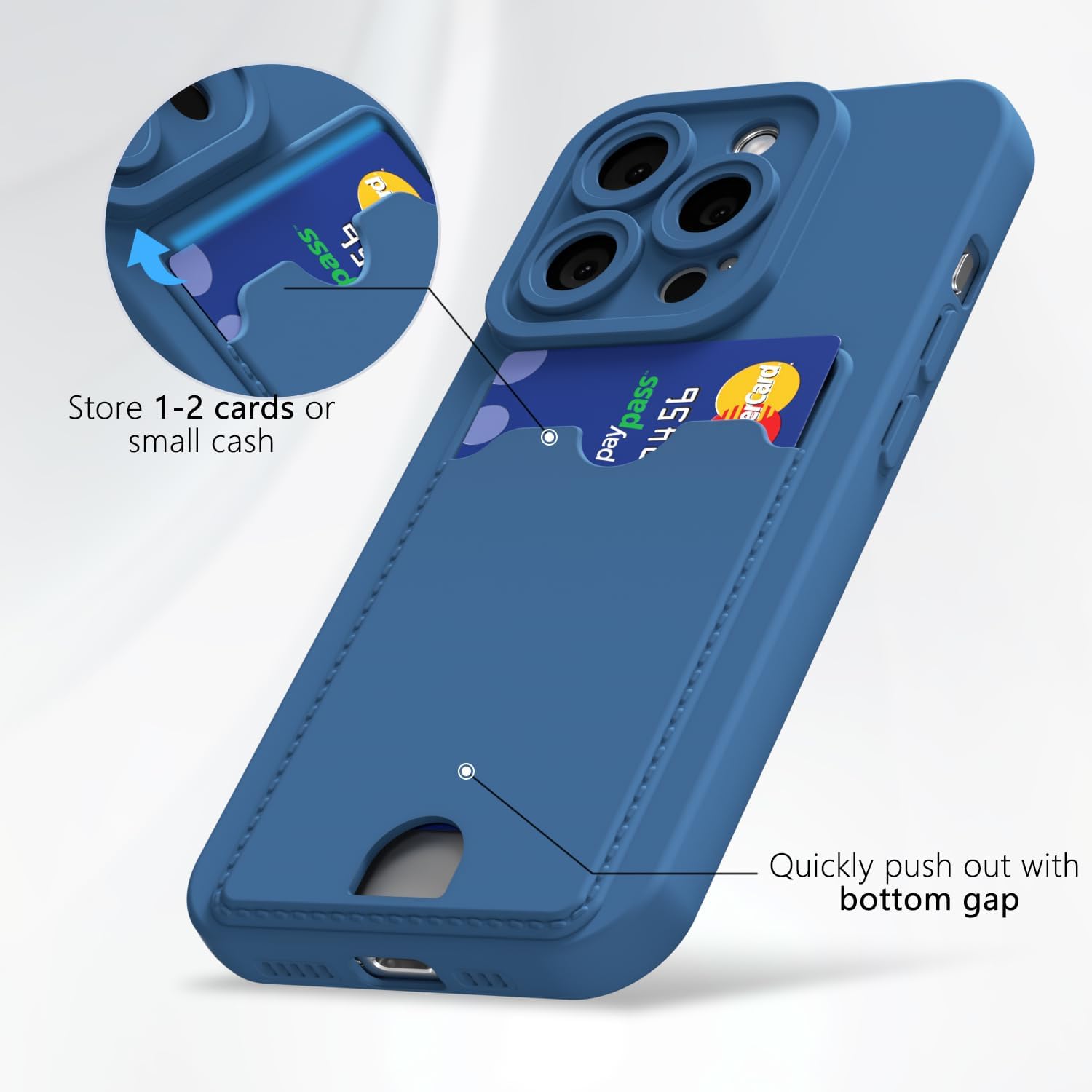 oakxco for iPhone 14 Pro Case with Card Holder, Cute Silicone Wallet Phone Case with Credit Card Slot, Soft Rubber Thin Slim Purse for Women Men with Shockproof Camera Cover Protection, Navy Blue - Image 3