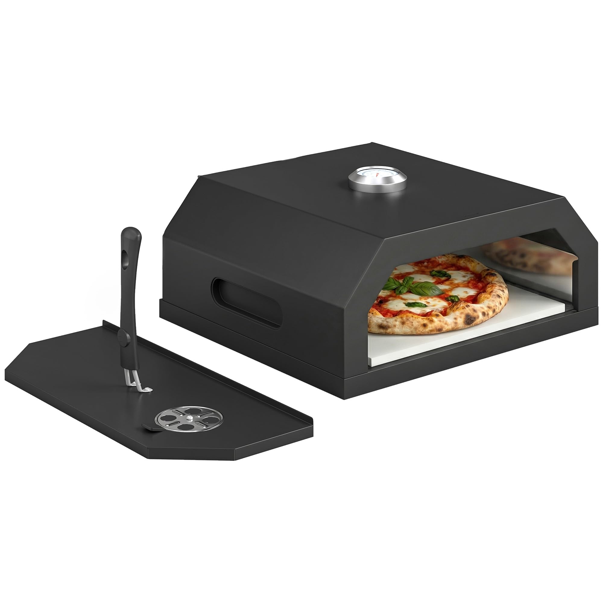 Outsunny Four à Pizza pour Barbecue Extérieur avec Pierre en Cordiérite et Thermomètre, 53 x 40 x 18,5 cm, Noir