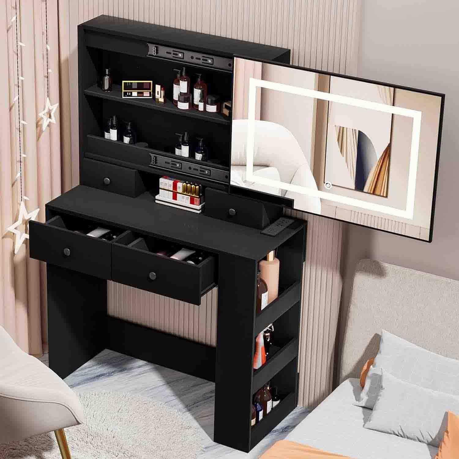 Vanity Desk with Sliding Lighted Mirror and Drawers, Makeup Vanity Mirror with 3-Color Adjustable Touch Light, Vanity Desk for Bedroom Lots Storage Makeup Desk Black, Large, H5KNE4W-982