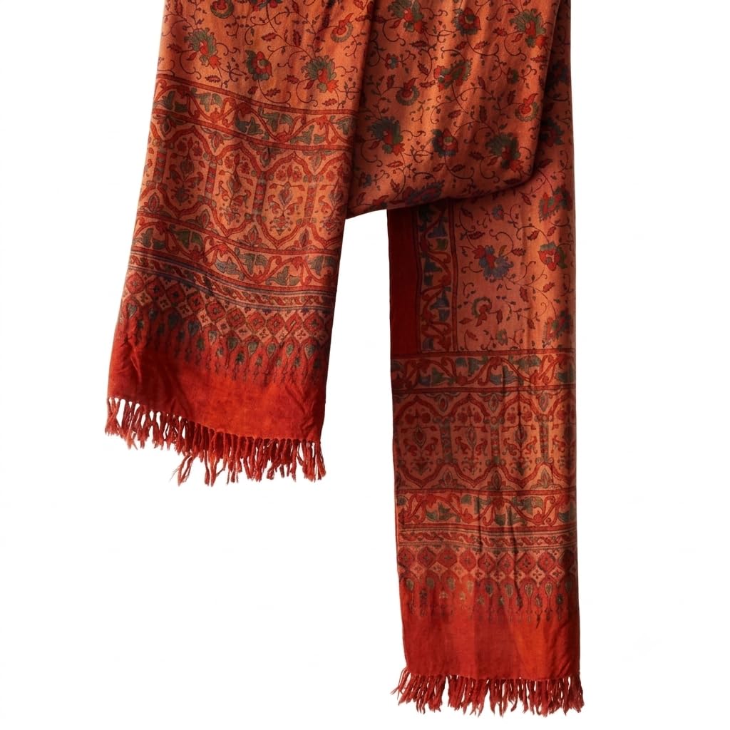 SANSKRITI 100% Pure Merino Wool Ajrakh Meditation Shawl – Premium Floral Jaal Winter Wrap, Brick Red-image-10