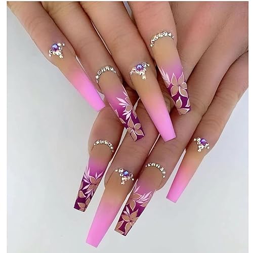 24 uñas postizas a presión, color rosa, con diseño de flores, uñas postizas extralargas