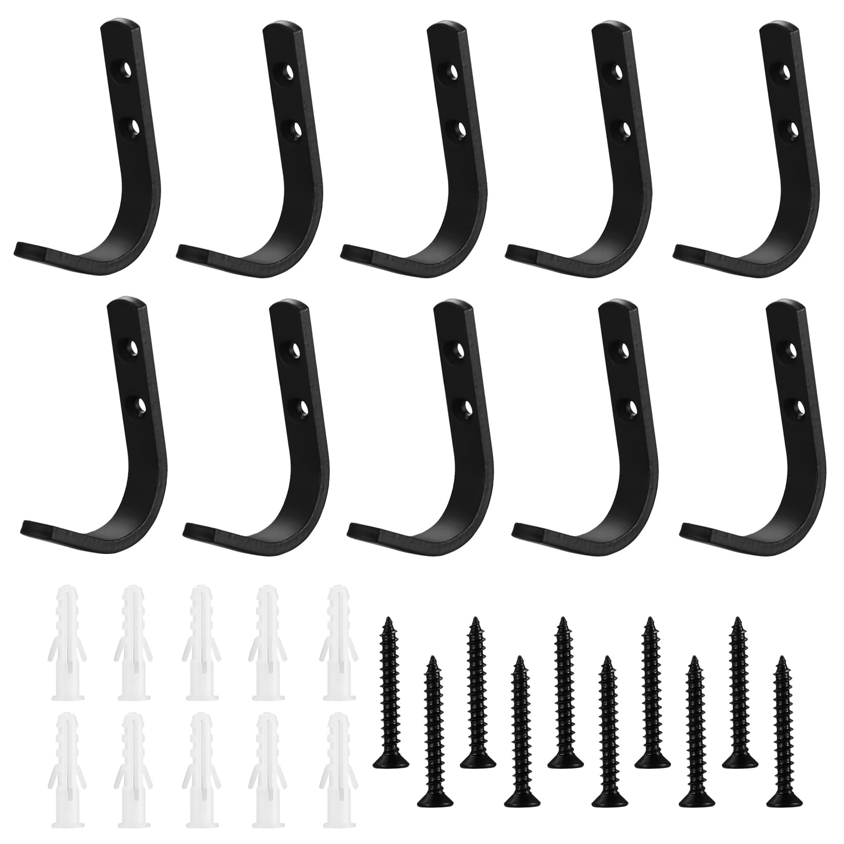 qiwuhai Garderobenhaken, 10 Stk Kleiderhaken Schwarz Matt, Mantelhaken, Handtuchhaken zum Schrauben, Wandhaken für Garderobenleiste, Jacken, Mäntel, Kleidung, Handtaschen Haken (85 x 60 mm)