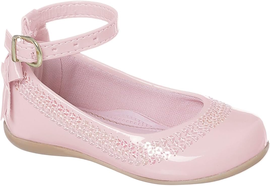 Sapatilha Bebê Menina Infantil Elegante com Flores, Fivela e Pérolas, Calçado Bebê Menina em Verniz, Vermelho, Bege e Rosa, Sapatinho