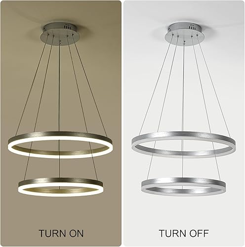 Miniatura 6 de XGZL  LIGHTING Candelabro LED moderno de 2 anillos plateado para comedor, iluminación colgante regulable con control remoto, montaje circular