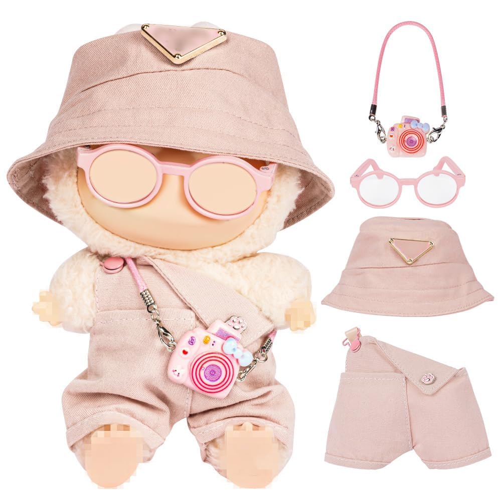 Vicloon 4 Pcs Doll Clothes For 17cm Plush Dolls, Clothes & Accessories for Plush Dolls, Include 1 Hat 1 Overalls 1 Glasses 1 Camera, Birthday Holiday Present for Girls, Pink (No Doll)
