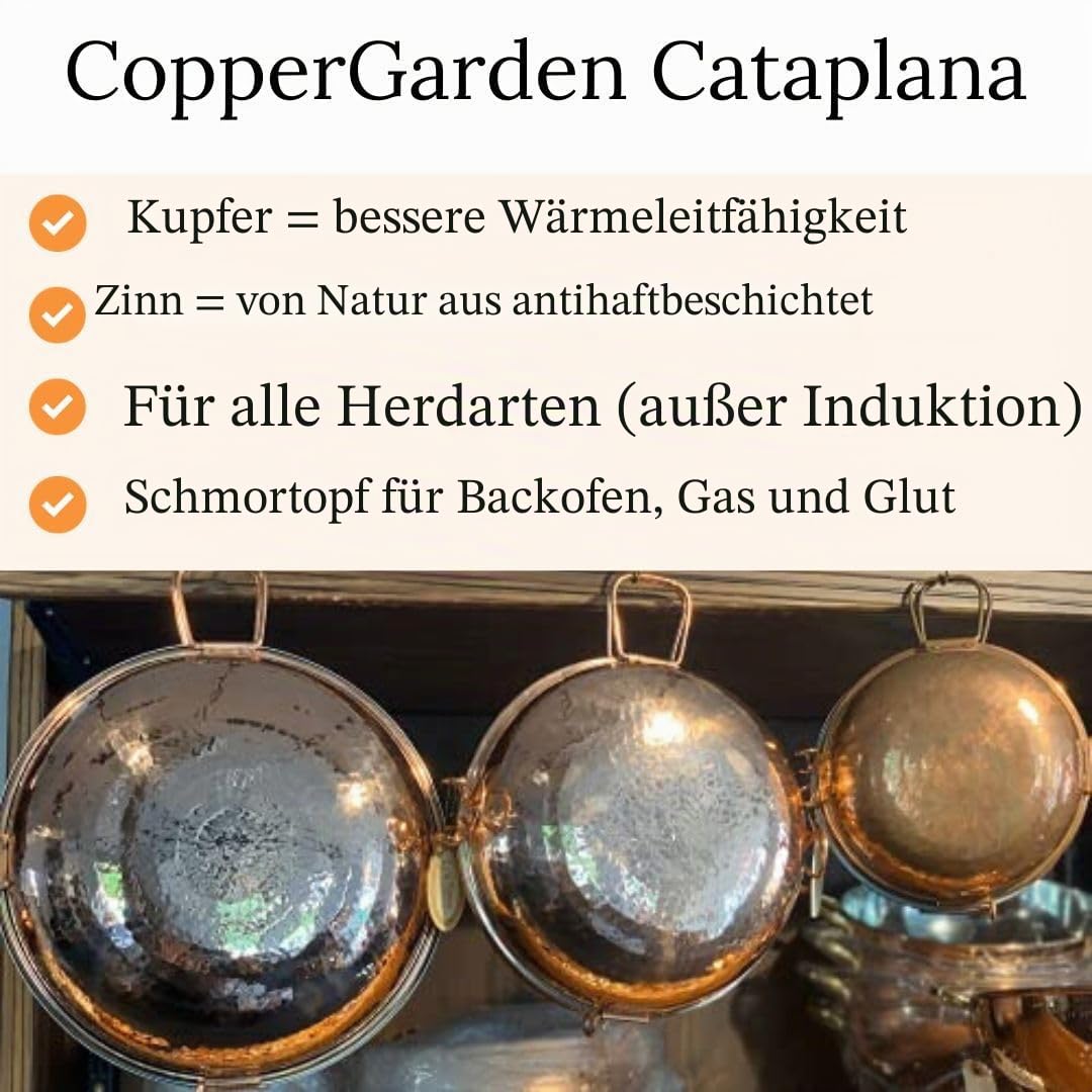 CopperGarden® Cataplana Bräter aus handverzinntem gehämmerten Kupfer mit ca 36 cm Durchmesser I Portugies. Kupferbräter mit perfekter Wärmeleitfähigkeit I Für Gas/Feuer/Grill & Backofen