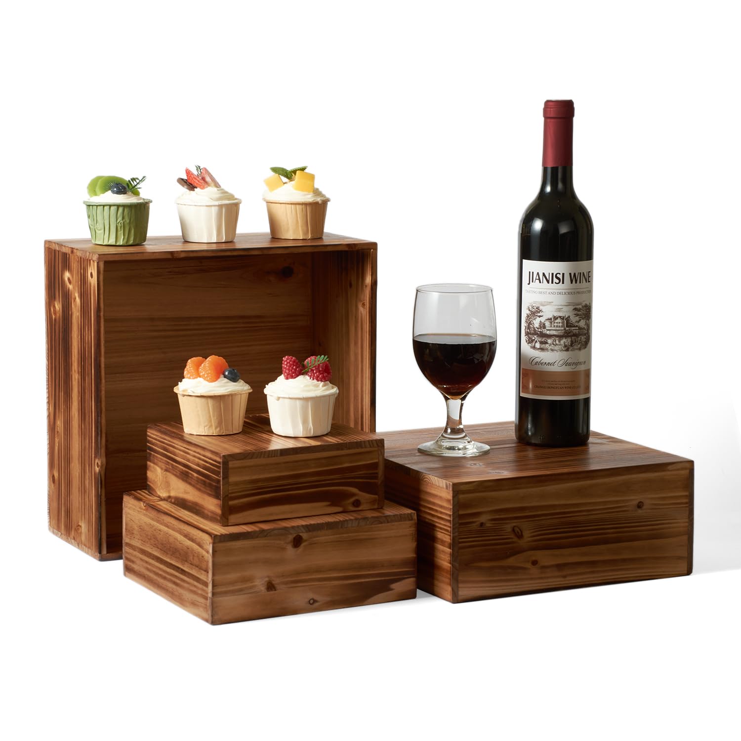 DAOYOUSKY Set di 4 alzate in legno rustico per torte e cupcake, espositore quadrato in legno per matrimoni, feste a buffet, espositori per dessert, cibo, biscotti, mostre artigianali, bruciati