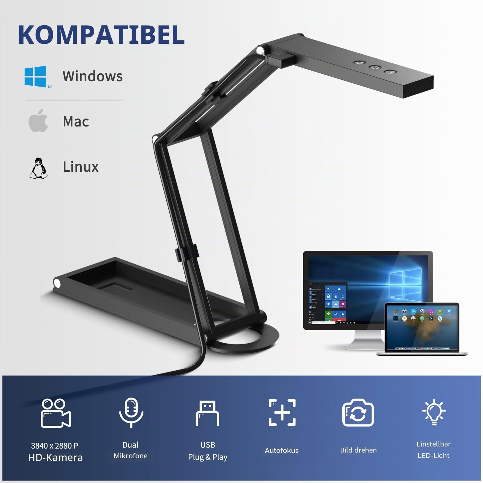 NETUM Dokumentenkamera & Webcam 4K mit Mikrofon USB Visualizer 3-Stufen Touch LED Autofokus Bild Invert Faltbar für Windows Mac OS Linux - Remote Teaching & Live Demo (SD-1300)