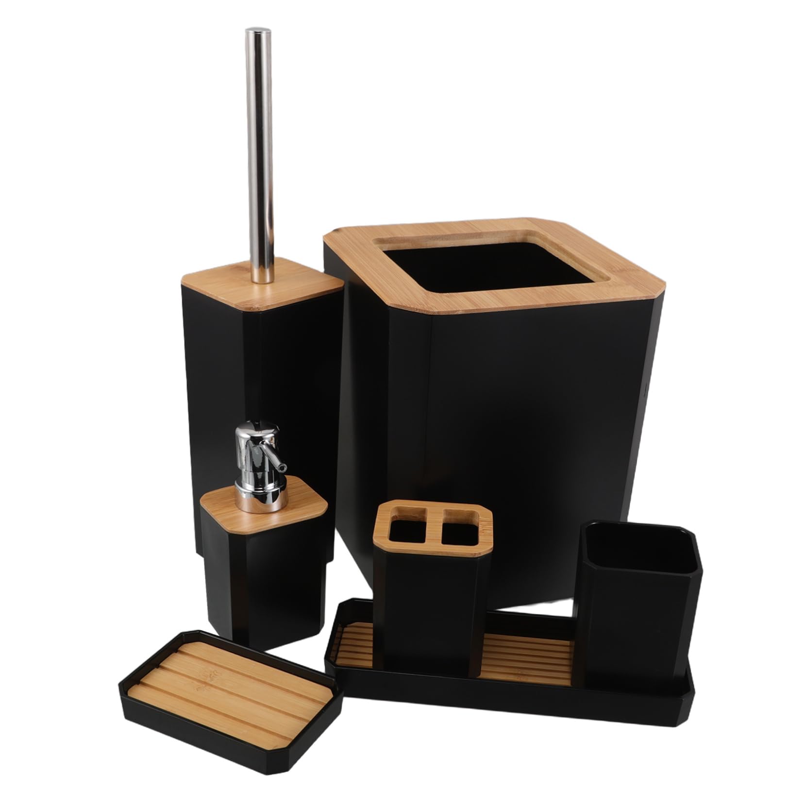 Cabilock Baño Dispensador de Jabón y Accesorios para Baño de Bambú Incluye Soporte para Cepillo de Dientes Bandeja de Jabón y Vaso de Casa o Hotel Juego de Accesorios