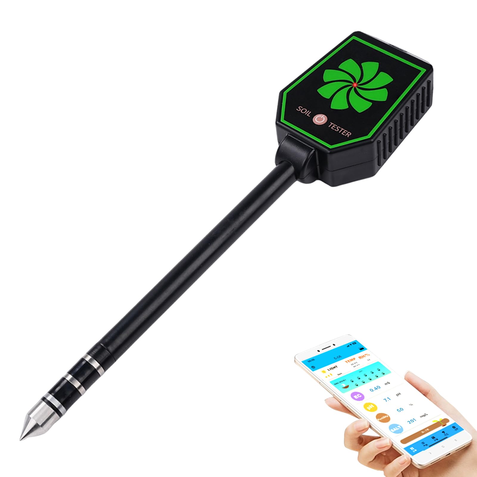 8 In1 Testeur ph Sol Testeur humidité Plante Hygrometre Plante PH/EC/salinité/fertilité/température de l'air/température du Sol/lumière/humidité du Sol Se connecte à l'application Mobile.