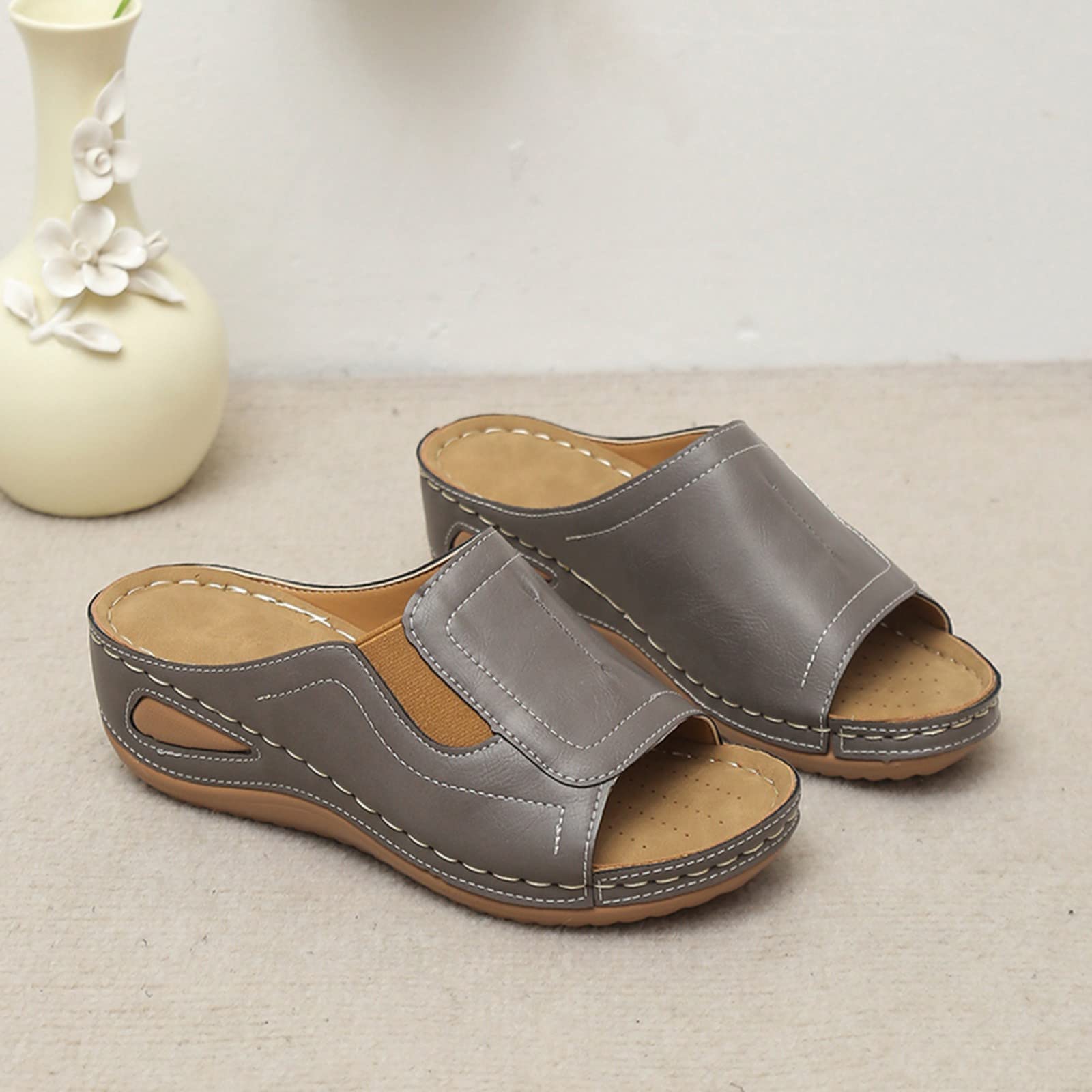 Pantuflas para mujer, a la moda, de color sólido, puntera abierta, tacón y plataforma, sandalias casuales, gris, 39.5 EU