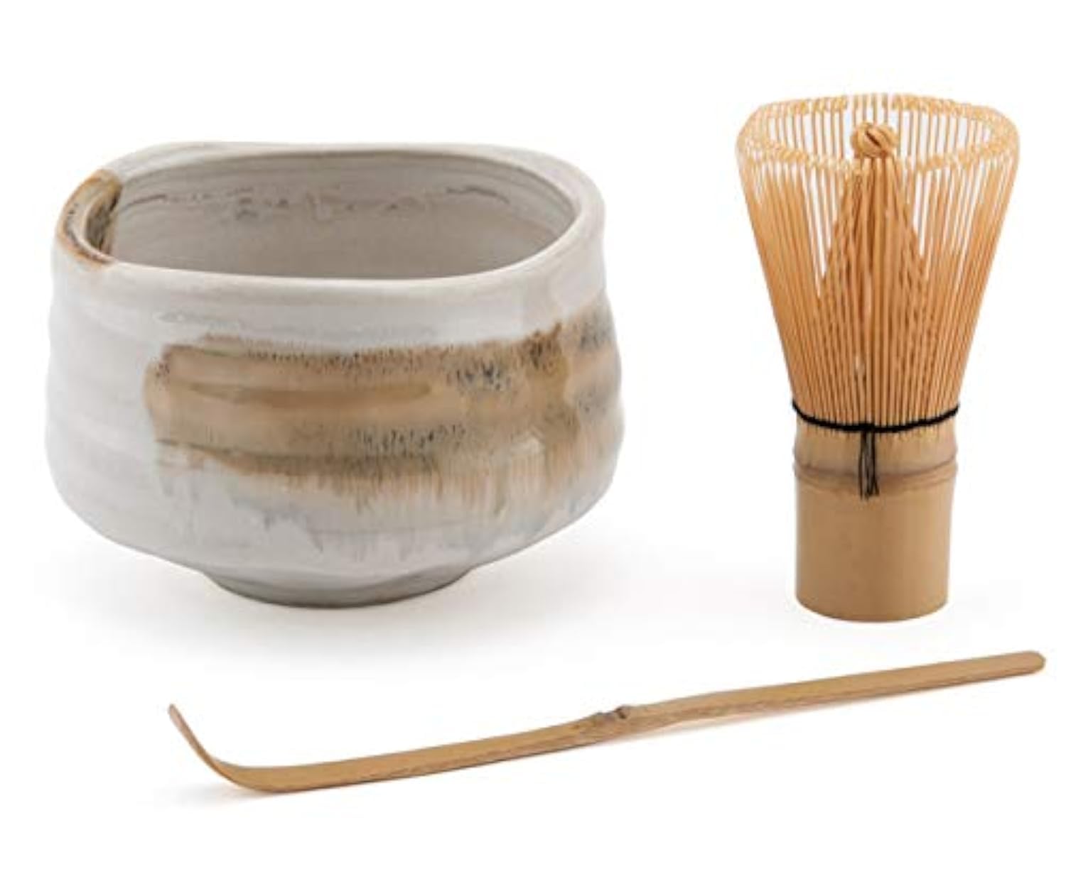 Japanese Chasen Green Tea Bamboo Matcha Chasen Whisk Scoop and 21 fl oz Reactive Glaze Porcelain Matcha Bowl 3 Piece Gift Set