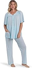 Miss Elaine PJ Set - Womens Nylon Tricot Pajama Set, Short Sleeves, Round Neckline with Embroidered Trim, Button Front Top