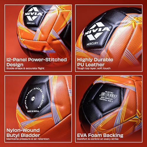 Image of Nivia Mercury Football with Ball Pump, PU Leather, Power Stitched Football, 12 Panel, Match Ball (Size - 5, Black /Orange)