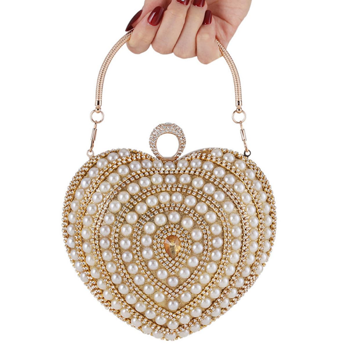 Borsa da Sera Elegante a Forma di Cuore in Poliestere e Metallo Oro Decorata per Matrimonio e Feste, Borsetta da Donna Piccola e Raffinata