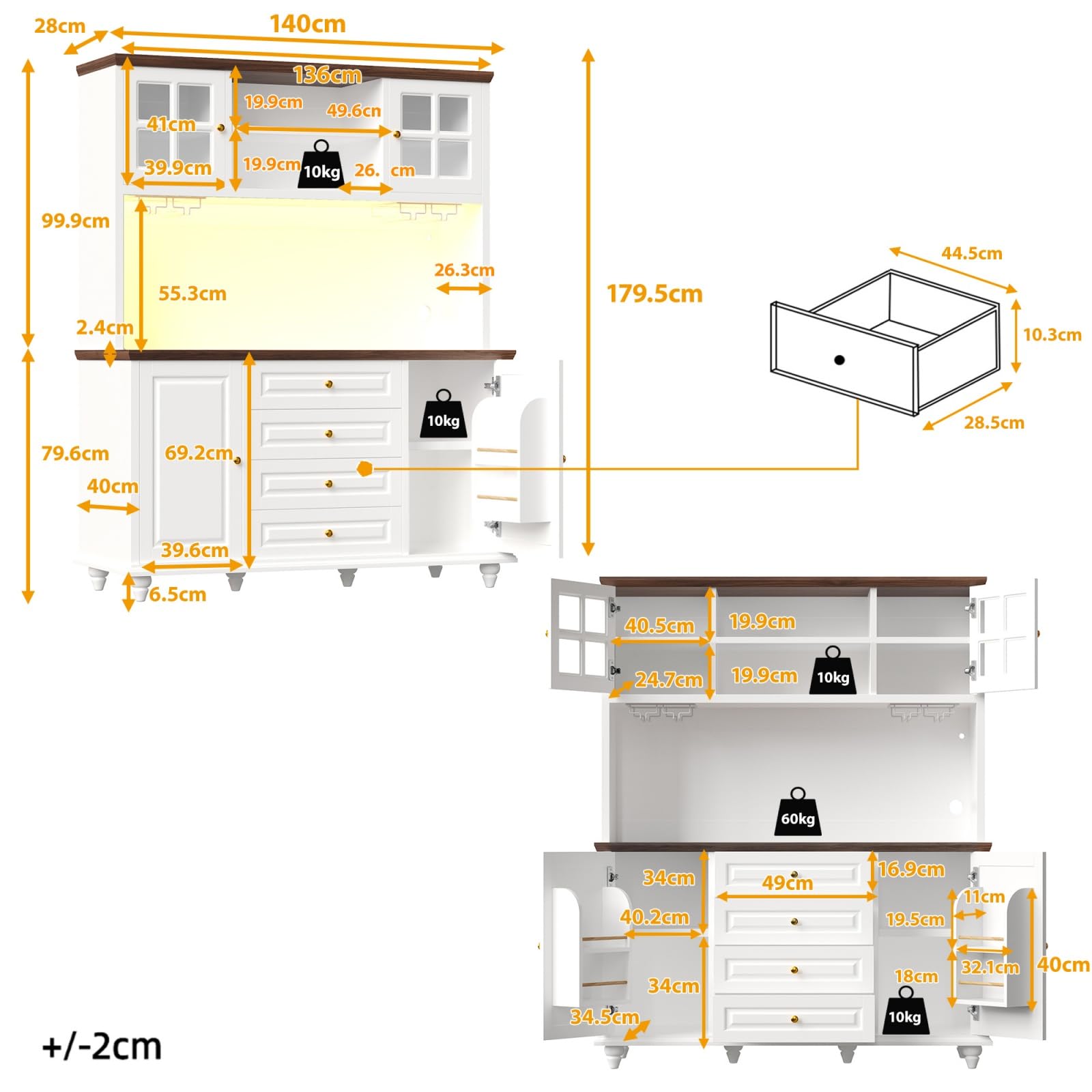 Meuble Cuisine avec Éclairage LED et Plan de Travail, Buffet Haut Cuisine