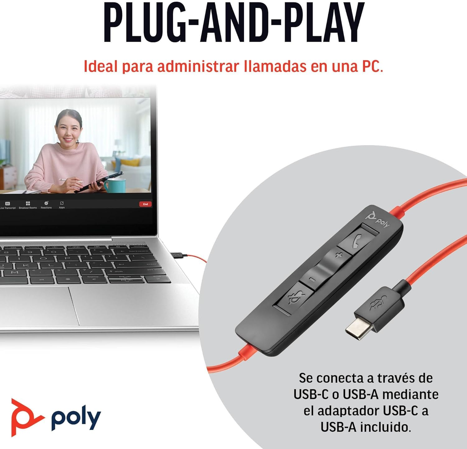 Auricular Poly Blackwire 3310 con cable - Brazo de micrófono flexible - Diseño monoaural - Conexión a PC/Mac mediante USB-C o USB-A - Funciona con Teams y Zoom