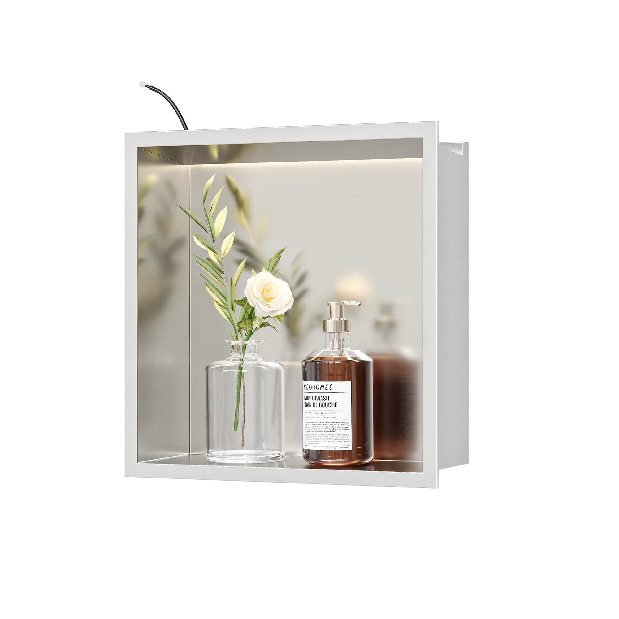 Aldaba de Pared para Ducha de Acero Inoxidable con Luz LED, Nische de Ducha Incorporada con Estante Individual para Almacenamiento en el Baño, 30 x 30 cm