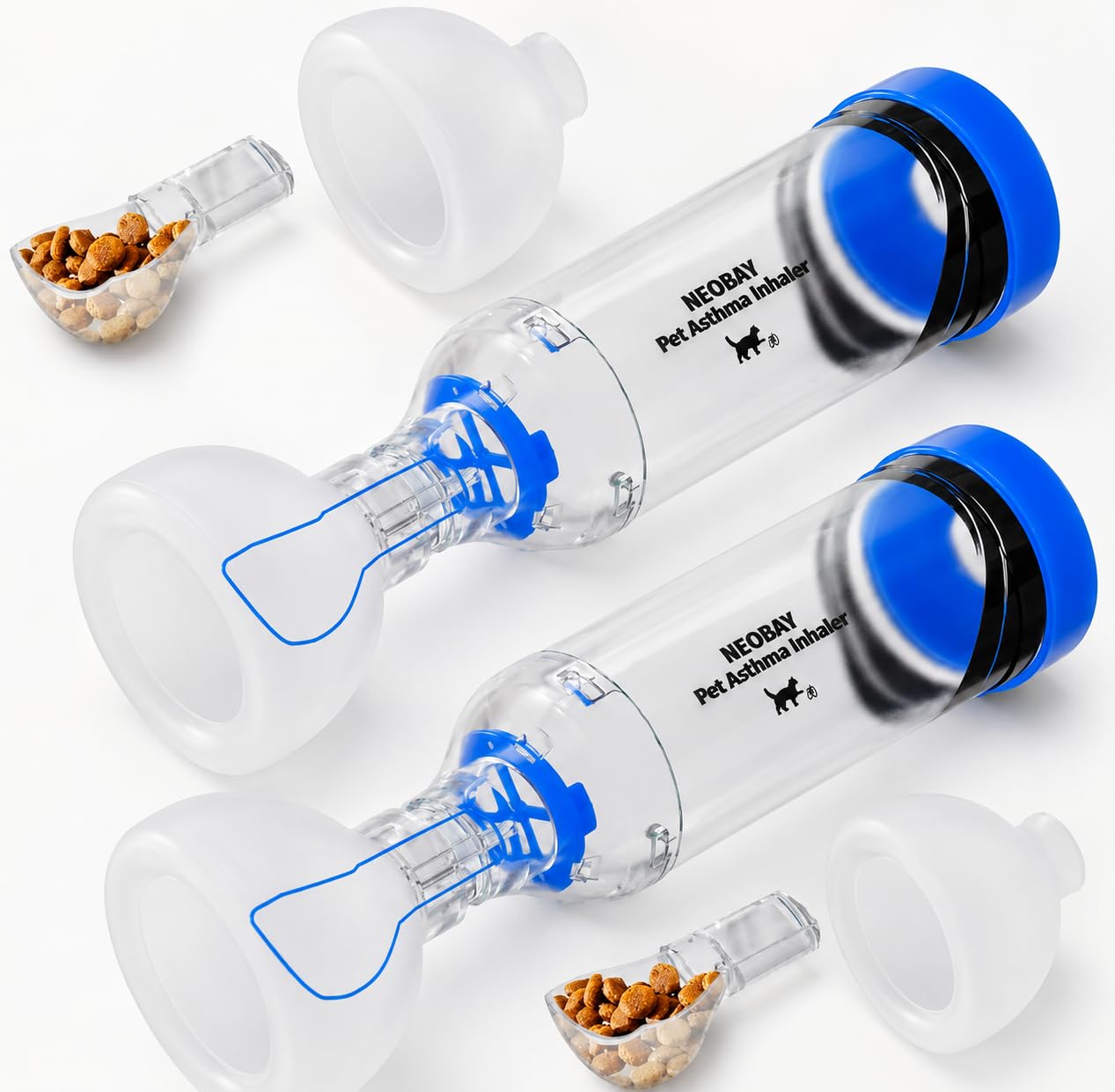 Neobay Cat Inhaler Spacer with Unique Comfort Feeder &amp; Sensitive Breath Indicator – Designed for Cats with Asthma &amp; Respiratory Issues, Includes 2 Cat Inhaler Masks Blue 2 Packs