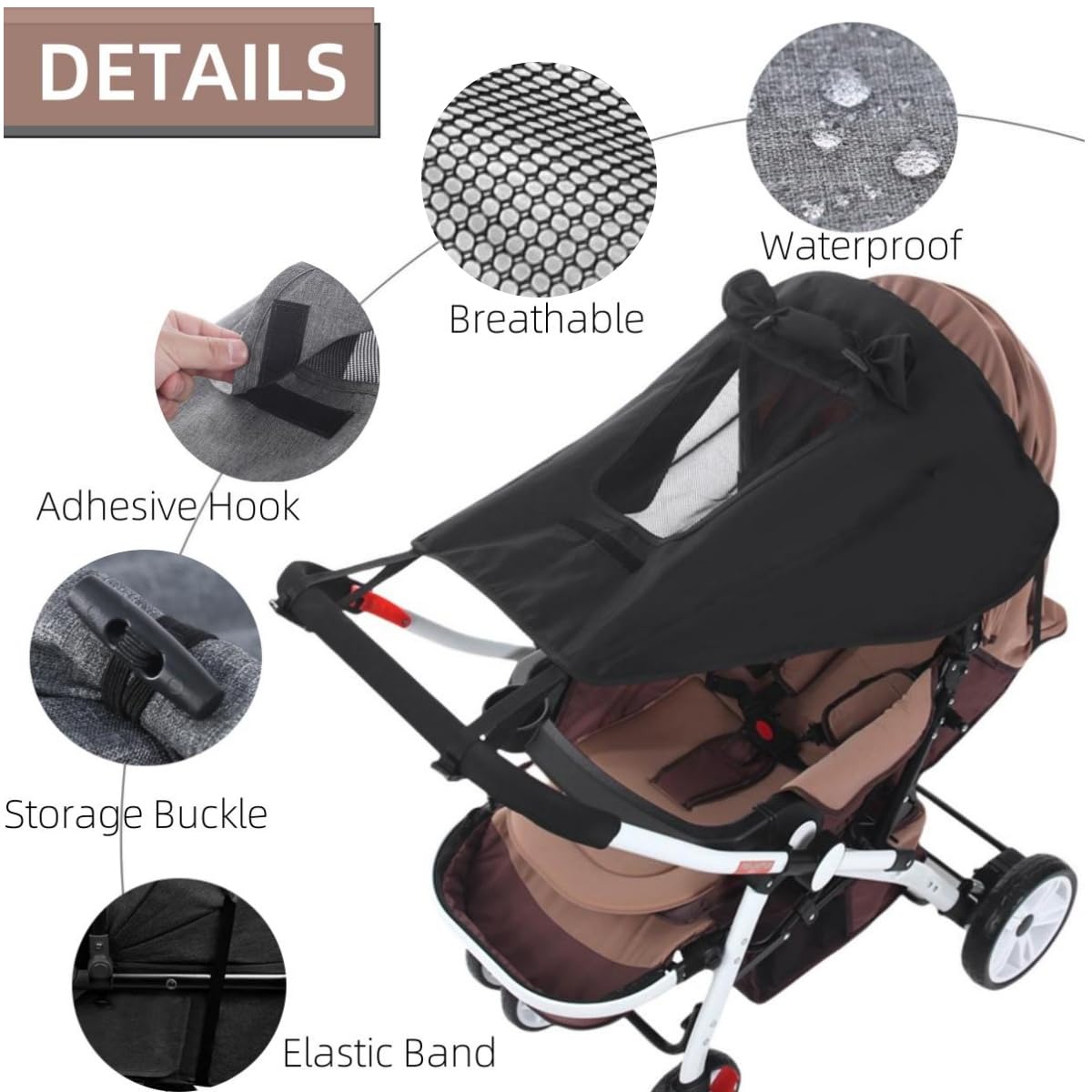 UPF 50+ Baby Stroller Sun Shade UV Sun Protection Extension Cover with See Through Waterproof Breathable Pushchair Blackout Rain Cover Shield Canopy for Pram Stroller Accessory Easy Install