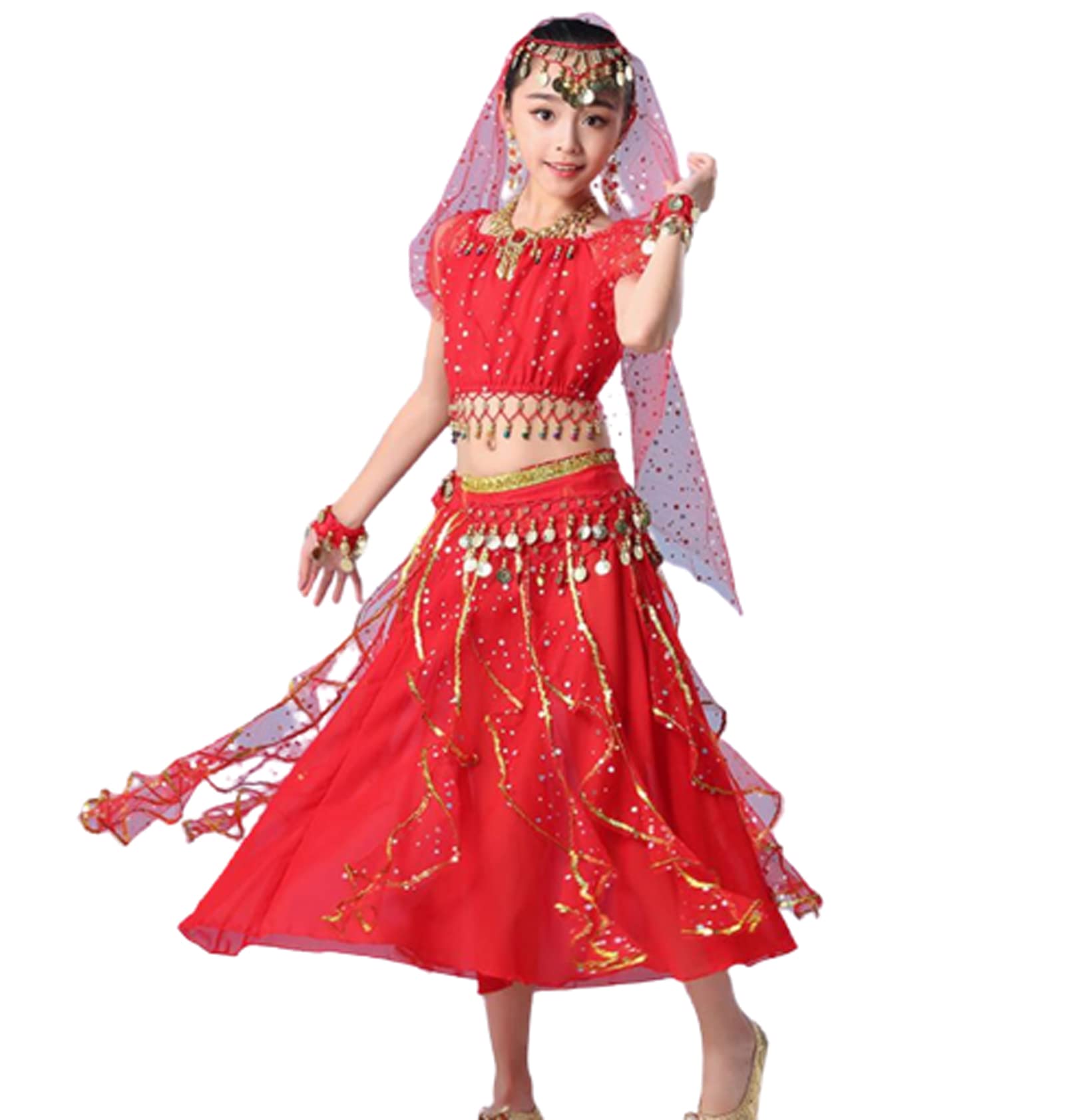 OTMYIGO 5-teiliges Set Mädchen Bauchtanz Pailletten Indian Dance Kostüm Halloween Wear Karneval Sets,Rot,XL