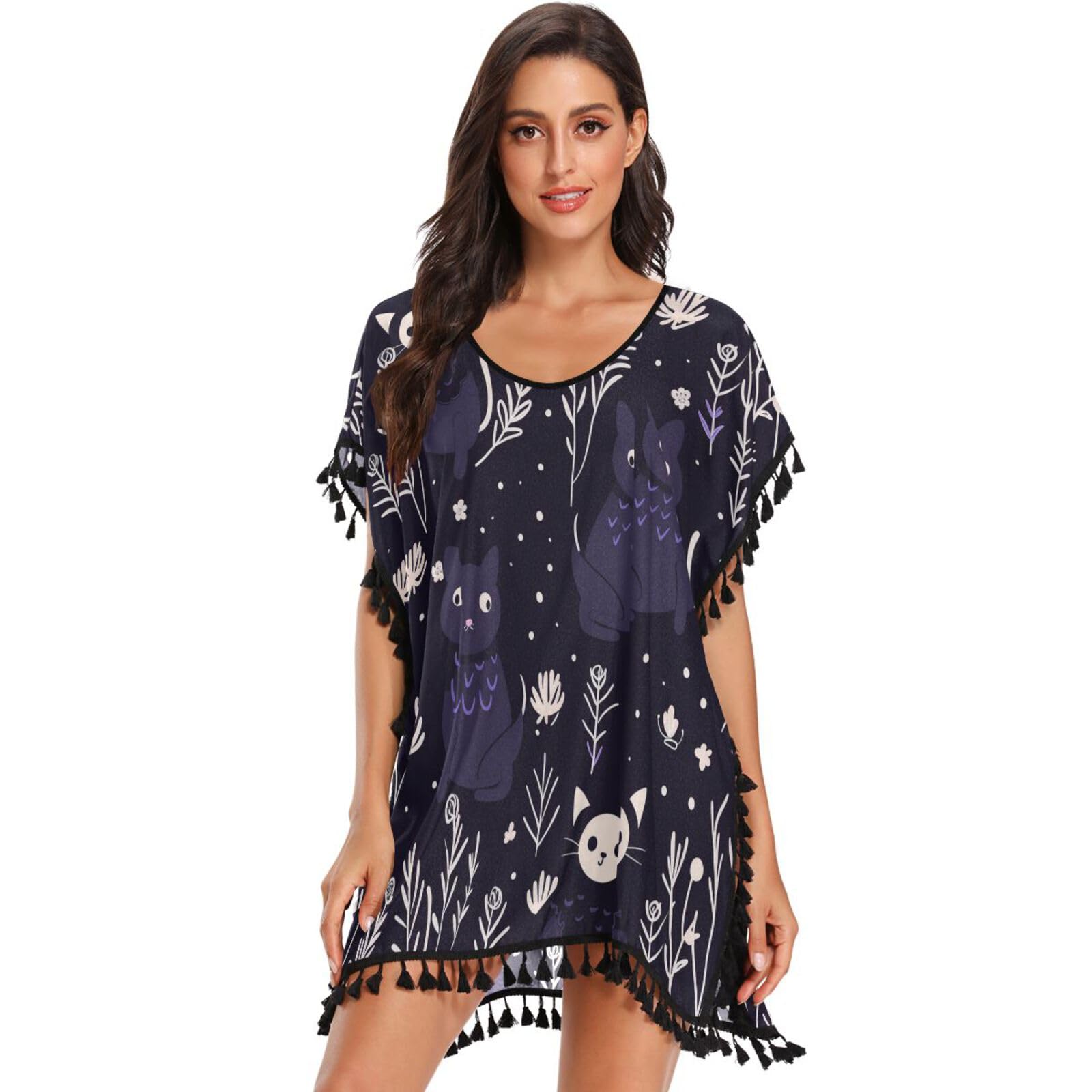 Purple Animal Cats Women's Beach Cover Up Chiffon Tassel Swimwear Swimsuit Coverups for Girl