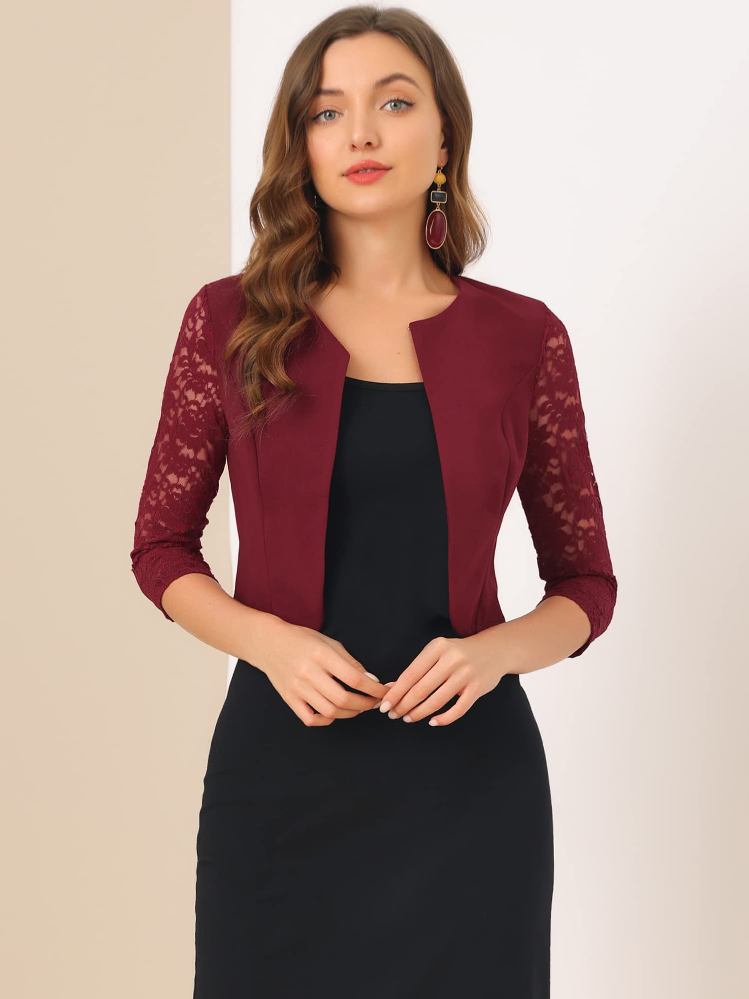 Allegra K Damen Festlich Spitze Bolero 3/4 Ärmel Rundhals Durchsichtig Shrug Elegant Jäckchen