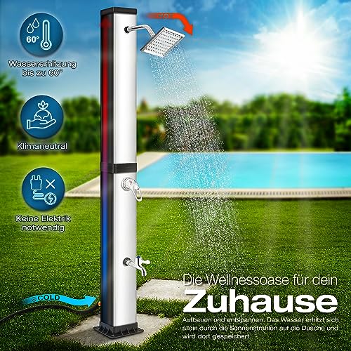 tillvex Solardusche 40 Liter inkl. Schutzhaube | Solar Garten-dusche warmes Wasser | Pooldusche Camping | ohne Stromanschluss | mit Wasserhahn und Regenduschkopf | Gartenschlauch-Anschluss