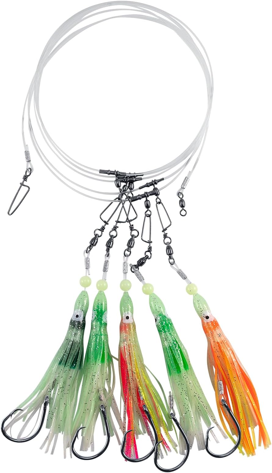 Dr.FishDeep Drop Rigs 6ft Glow Squid Lures Halibut Rigs for Saltwater, Bottom Fishing Rigs Glow in The Dark Deep Sea Fishing Lures Trolling Lures for Stripers Halibut Trout Tuna Salmon