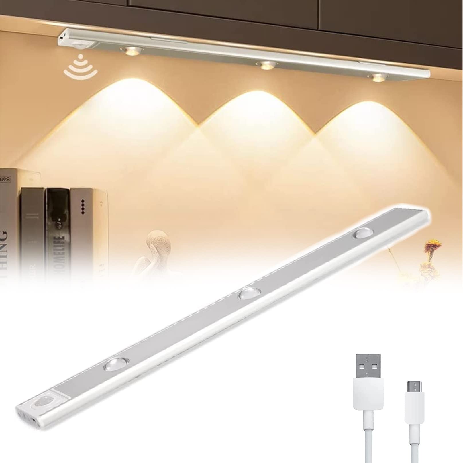 Biikoon Silver Motion Sensor Cupboard Light Led Closet Kitchen Light Dimmable Under Cabinet Counter Lights Led Night Light For Wardrobe, Stairs, Hallway, Vanity (Color : Size : 40Cm)