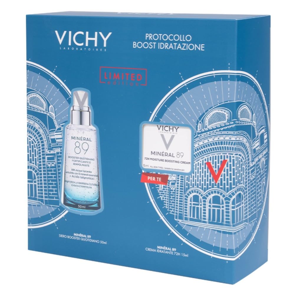 Vichy Minéral 89 Cofanetto Regalo Boost Idratazione, Siero Booster e Crema Idratante, Per Tutti i Tipi di Pelle, Azione Fortificante e Rimpolpante, Pelle Tonica e Levigata, 50 ml + 15 ml