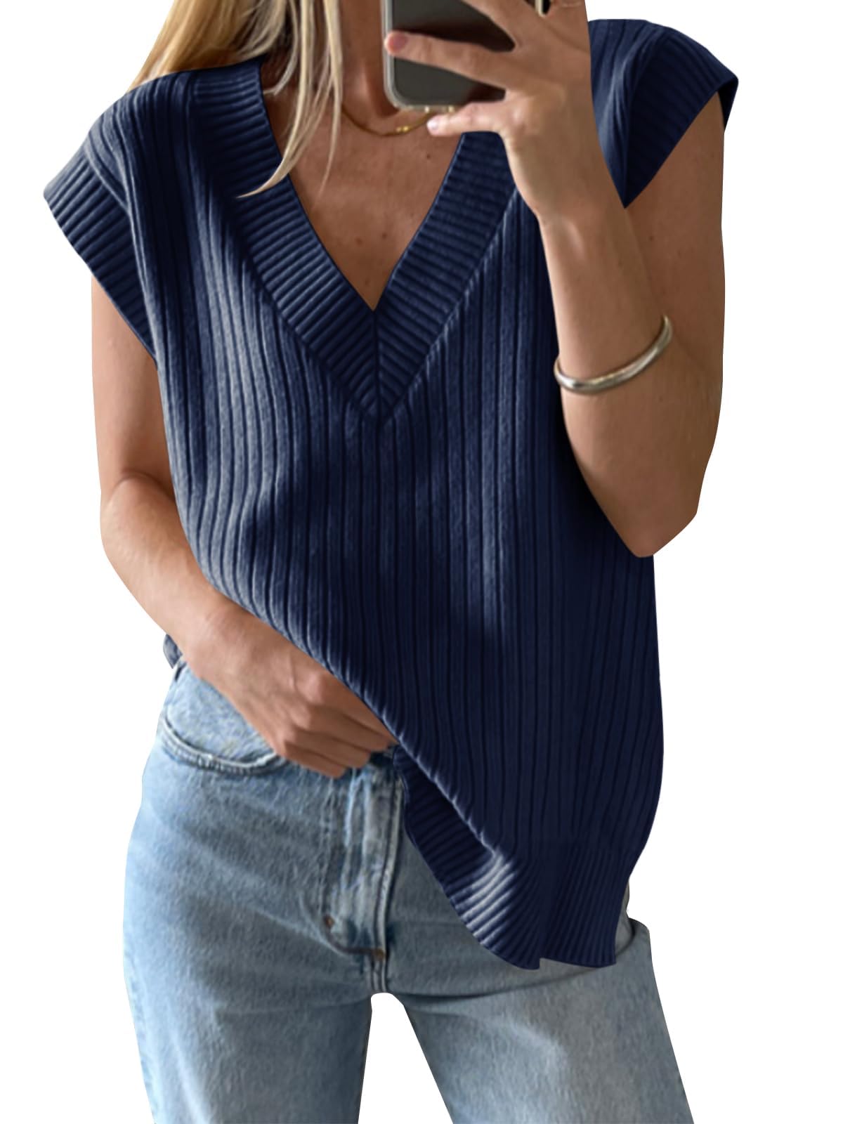 Saodimallsu Damen V-Ausschnitt Pullover Weste Oversized Ärmellos Tank Tops Leichtgewicht Strickpullover Sommer Elegante Oberteil