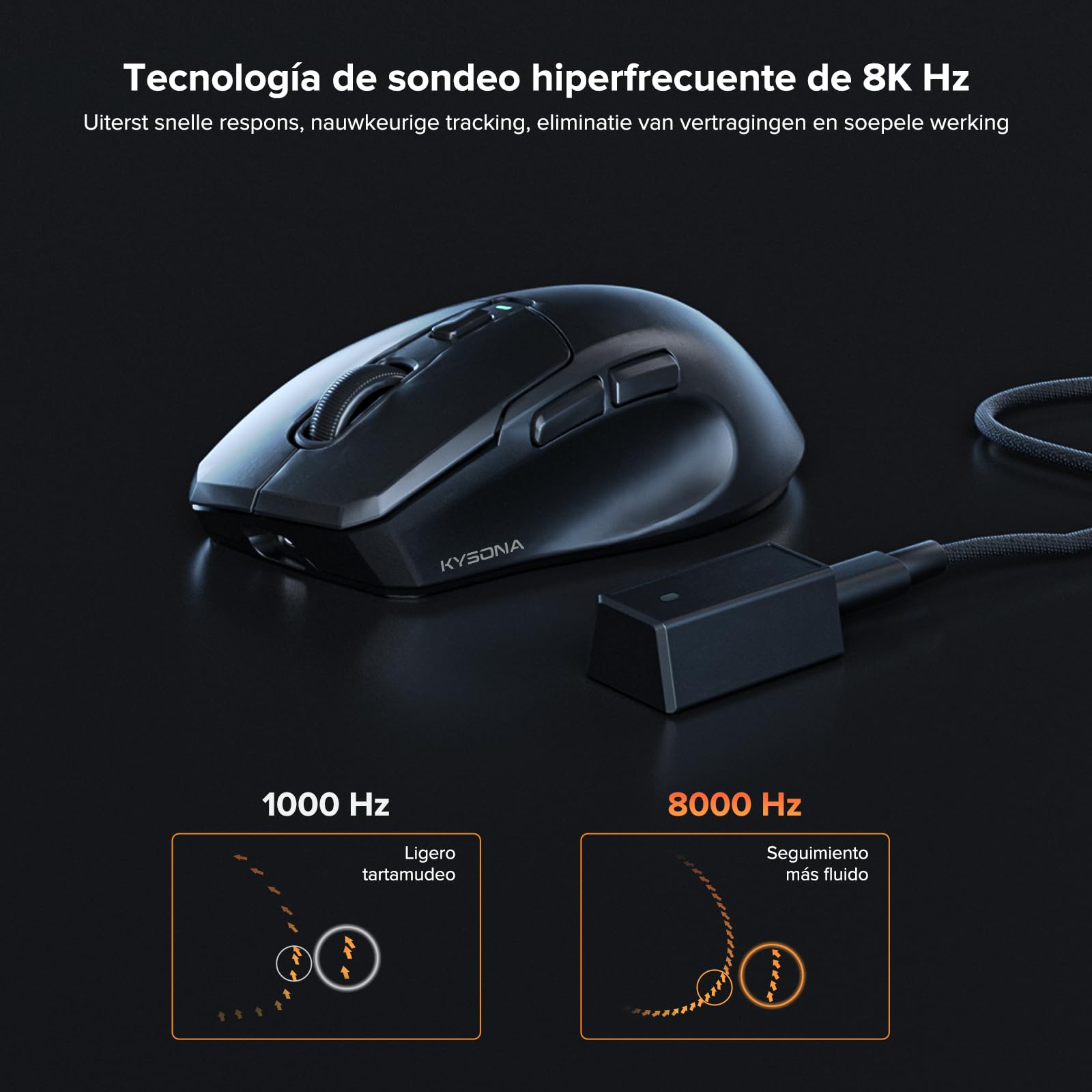 KYSONA - Ratón inalámbrico para Juegos, 26000 dpi, tasa de sondeo de 8K, trimodo 2.4 GHz/USB-C/Bluetooth, ergonómico con Revestimiento de refrigeración por Internet, Ratones Recargables para Juegos
