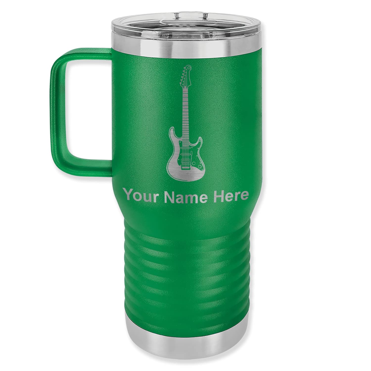 LaserGram 20oz Vacuum Insulated Travel Mug with Handle, Electric Guitar, Personalized Engraving Included (Green)