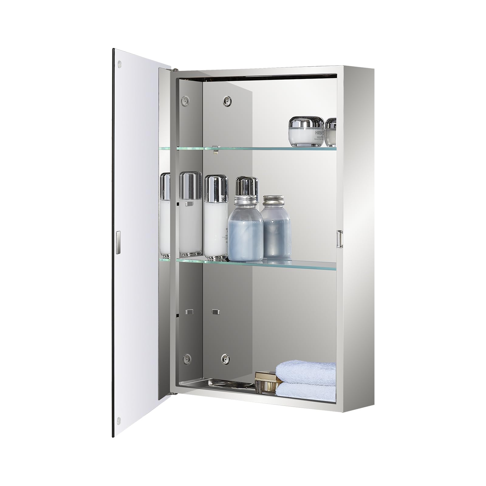Fundin Stainless Steel Bathroom Mirror Cabinet, Single Door with Adjustable Glass Shelves, Surface Mounted, 40cm W x 60cm H, Mirrored Finish