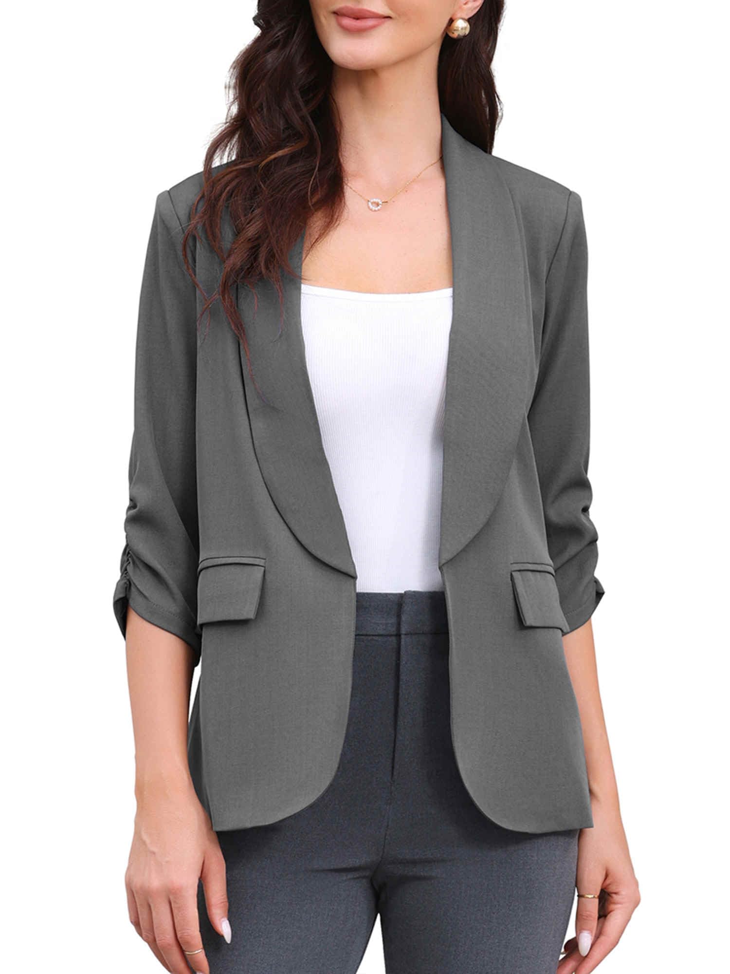 Allegra K Open Front Blazer for Womens Ruched 3 4 Sleeve Shawl Collar Office Dressy Suit Jacket