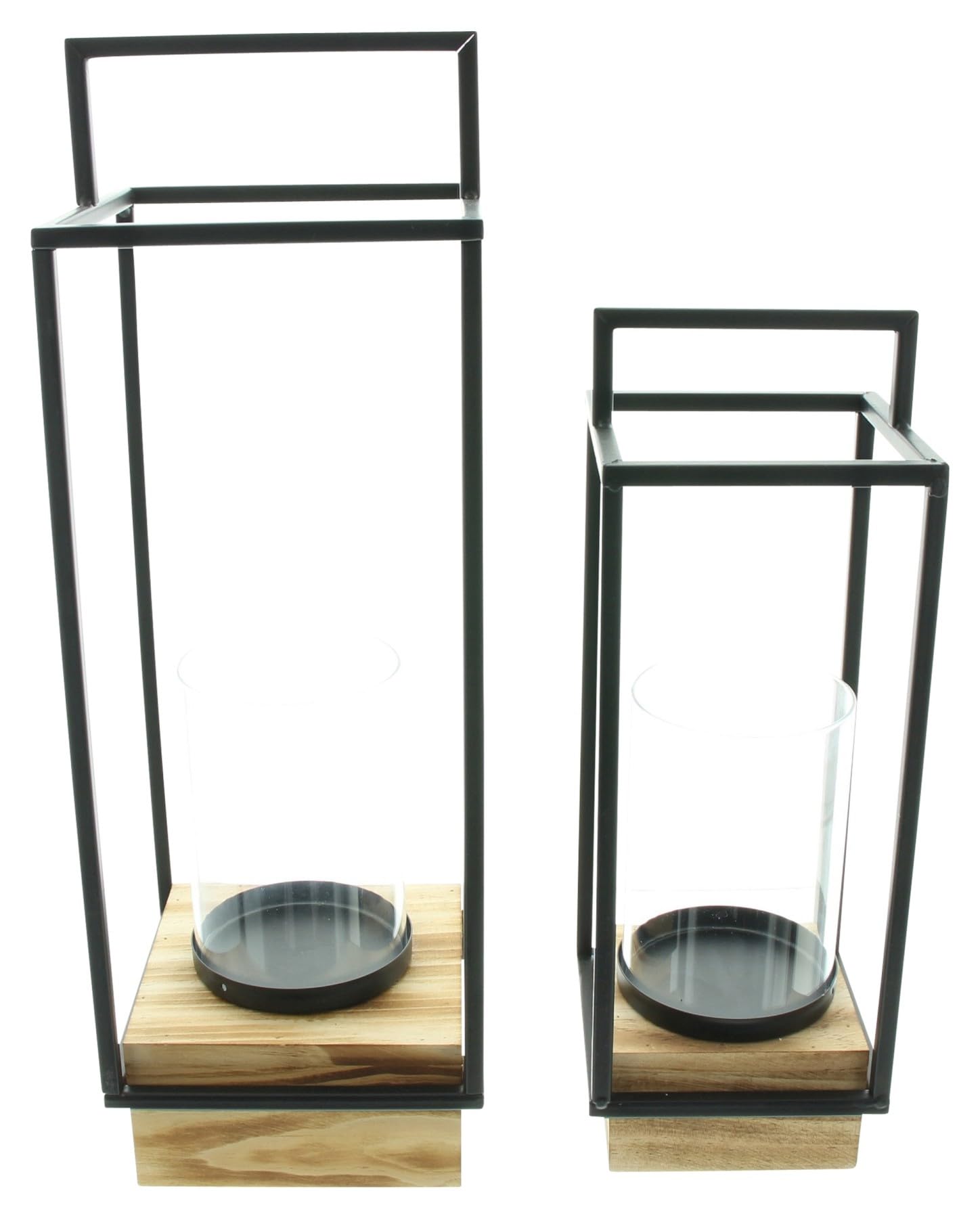 Dekoleidenschaft 2X Laterne Modern Industrial aus Metall & Glas mit Holz Sockel, 35 + 45 cm hoch, Windlicht, Kerzenhalter, Bodenwindlicht