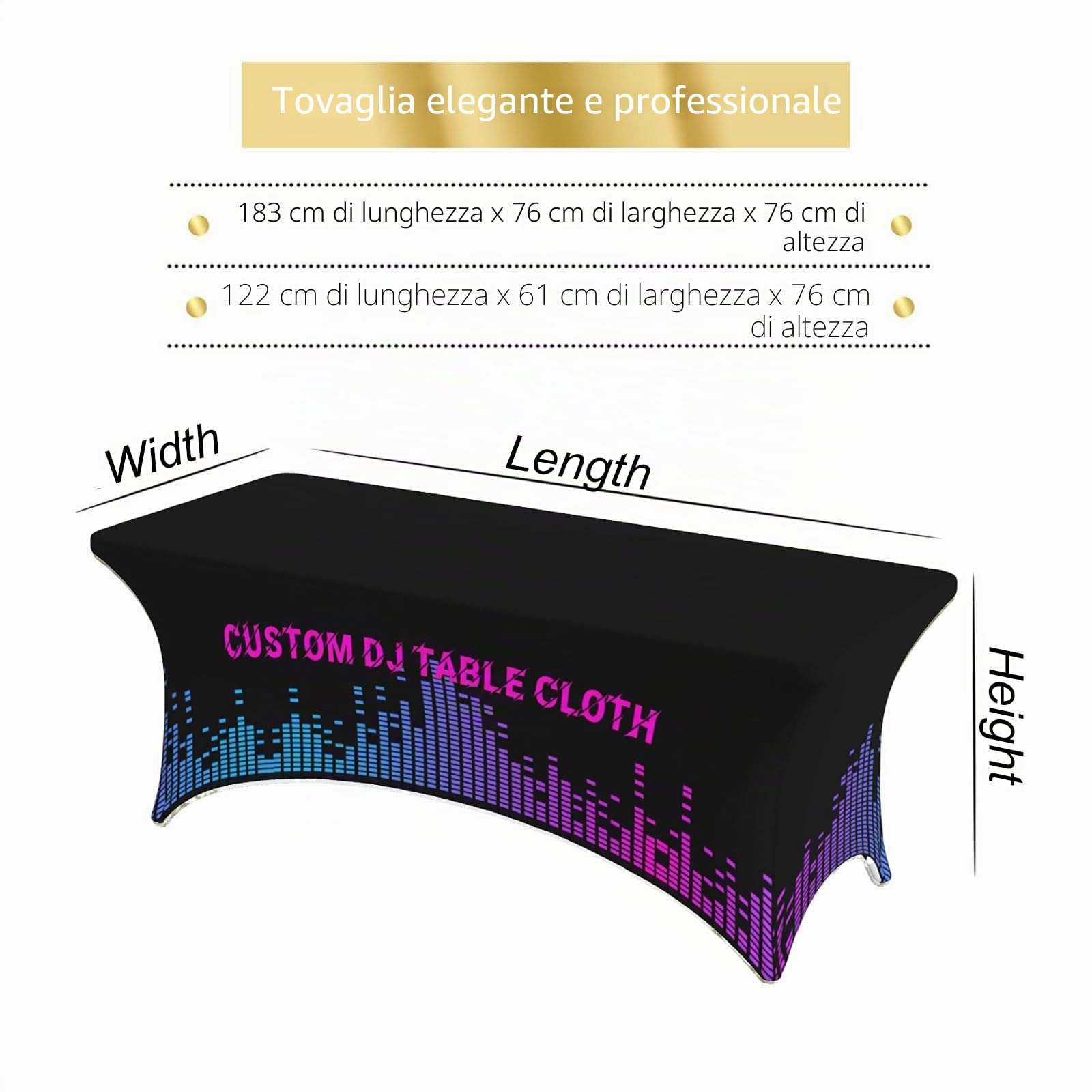 Tovaglia da DJ personalizzata con logo aziendale, tovaglia personalizzata in poliestere spandex elasticizzato per tavoli da 1,2 m/1,8 m, tovaglia personalizzata per feste, matrimoni, fiere, eventi